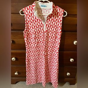 Sleeveless coral and white dress